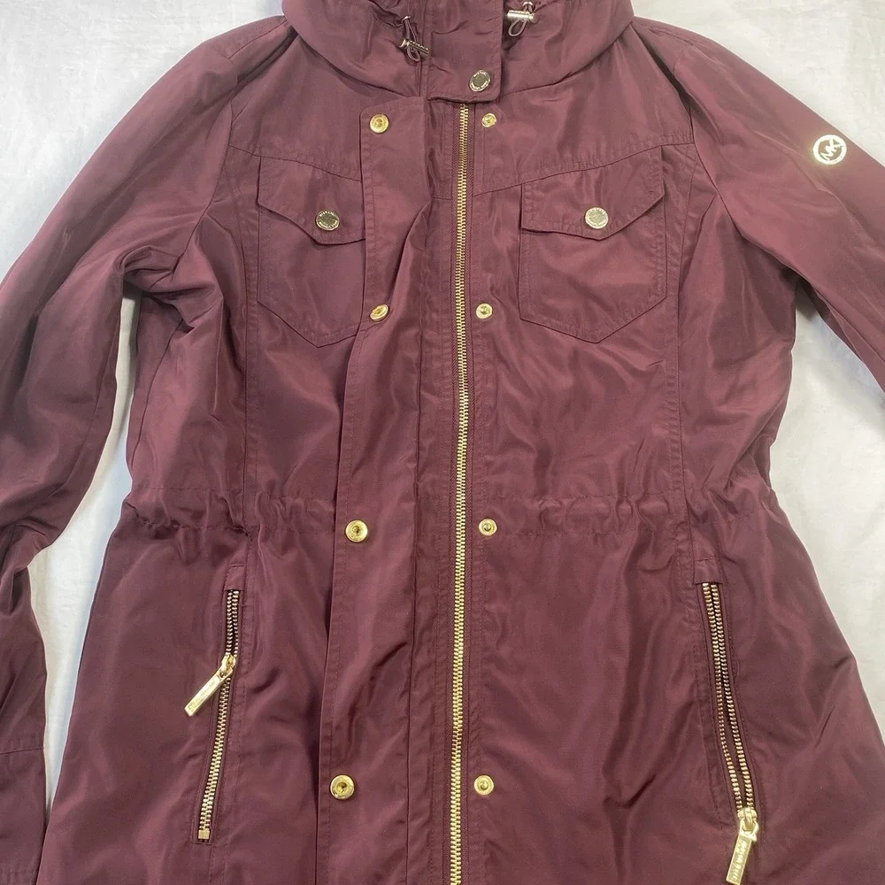 Michael Kors Women Burgundy Hooded Parka Full Zip Snap Jacket Size M